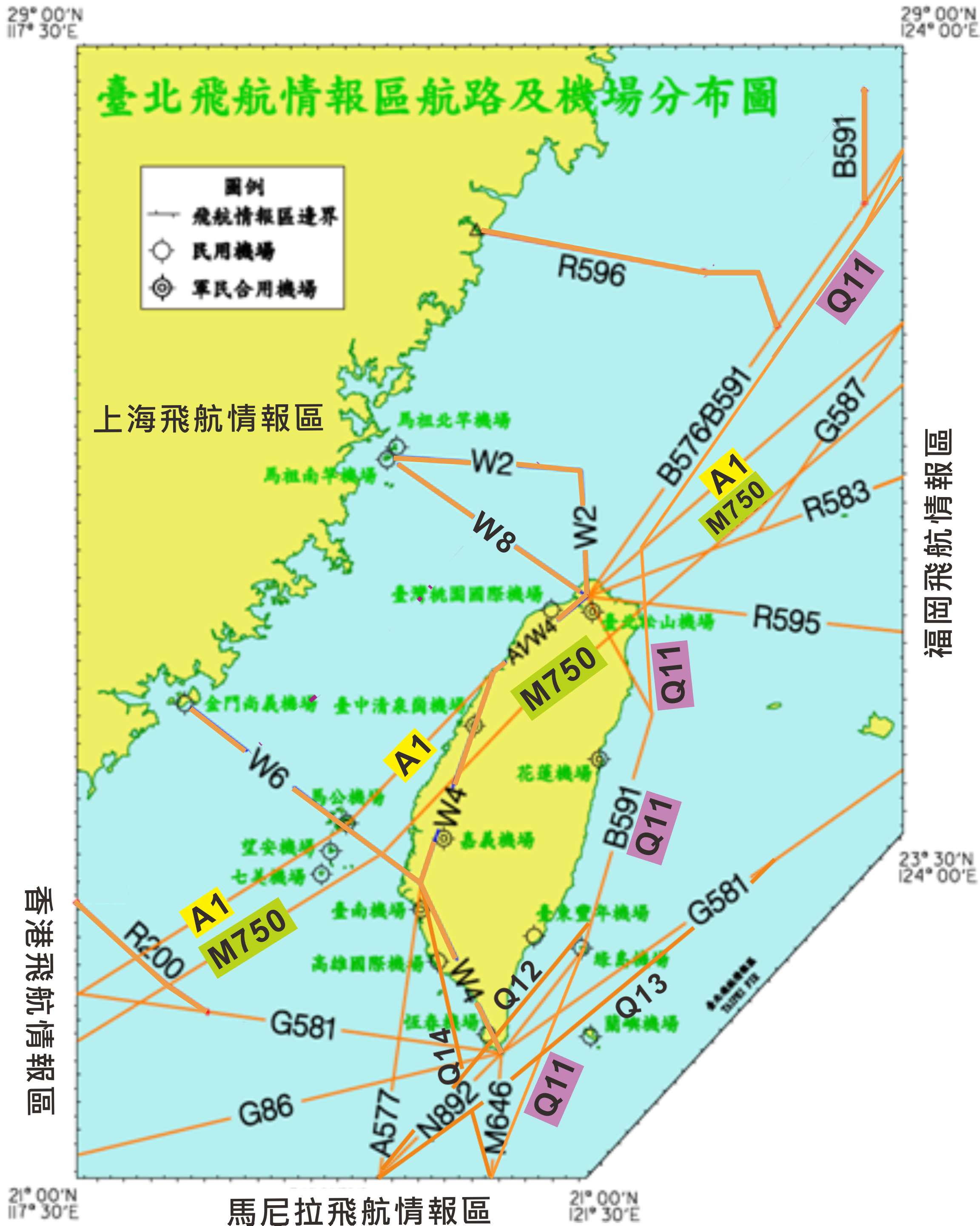 台北飛航情報區忙碌的航路圖。(民航局提供)
