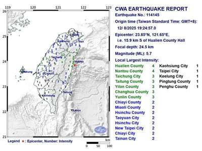 Erdbeben vor der Ostküste Taiwans (Bild: CWA)