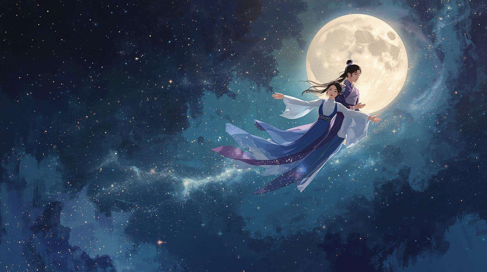 QIxi Festival: Zhinü und Niulang treffen sich am nächtlichen Sternenhimmel (Bild: Canva AI)