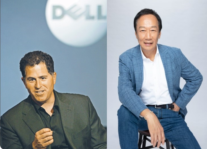 Als Michael Dell (links, Gründer von Dell Technologies) begann, mit Terry Gou (郭台銘, Gründer von Foxconn) zu kommunizieren, wunderte sich Dell, dass er Gou am Telefon akkustisch kaum verstand. Erst als Dell persönlich Gou in der chinesischen Fabrik besuchte, wurde ihm klar warum - „Dell konnte Terry nicht hören, weil alles billig war“, sagt ein ehemaliger Foxconn-Mitarbeiter und fügt hinzu, dass die Festnetztelefone alt und ramponiert waren und der Ort in einem tristen Grau gestrichen war. „Das Dach war aus Blech. Und alles war billig, billig, billig.“ (basierend auf der Erzählung von Patrick McGee, Autor von „Apple in China: The Capture of the World's Greatest Company")