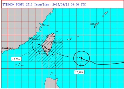 Der Taifun Podul wird voraussichtlich am Mittwochnachmittag über Taiwan hinwegziehen. (Foto: Zentrales Wetteramt)