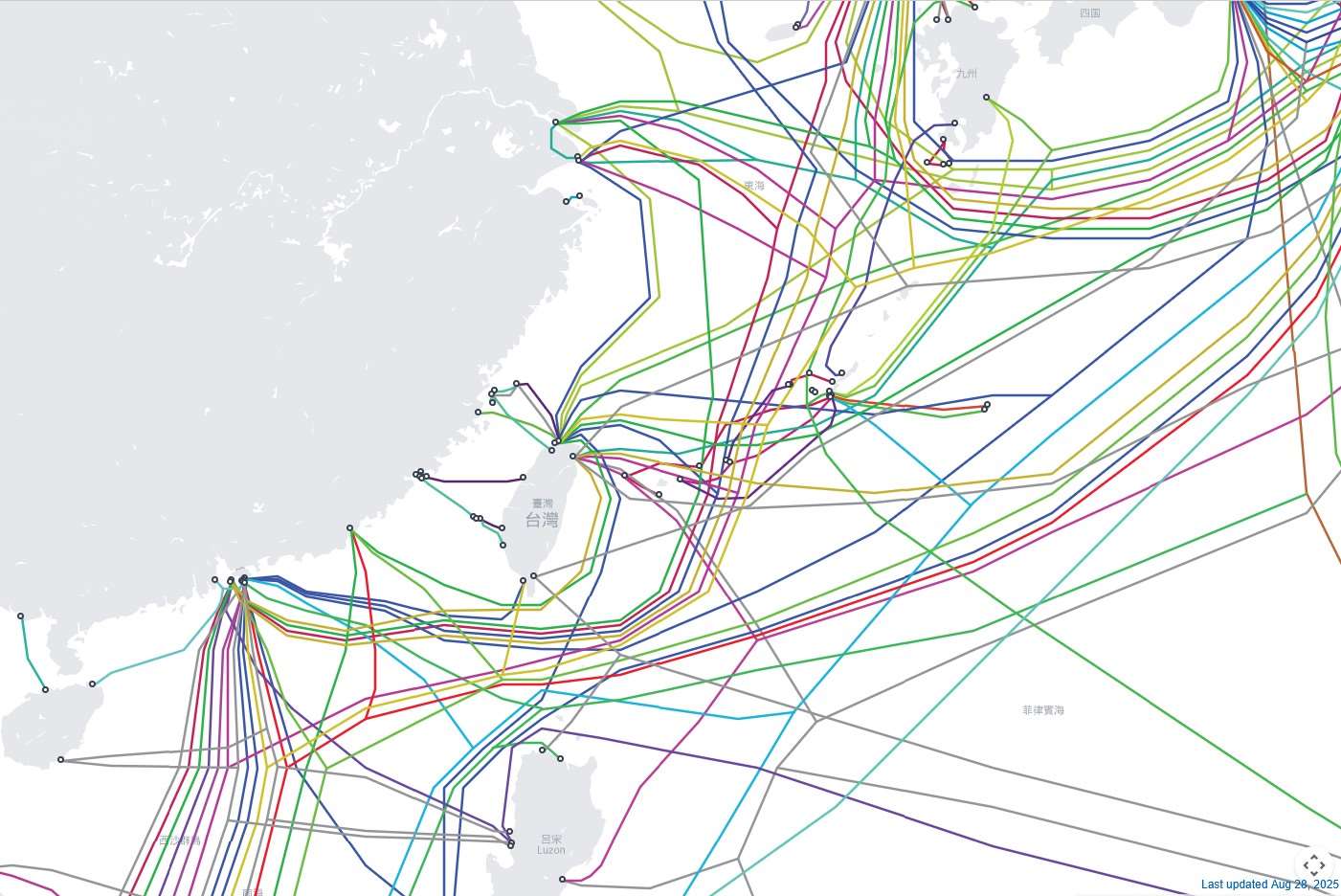 Unterseekabel um Taiwan (Bild: https://www.submarinecablemap.com)