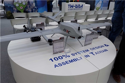 Eine Drohne der Taiwan National Defense Industry Development Association, ausgestellt auf der Xponential Europe. (Foto: CNA)