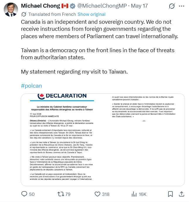 Ein Post auf den sozialen Medien des kanadischen Parlamentsabgeordneten und außenpolitischen Schattenministers Michael Chong