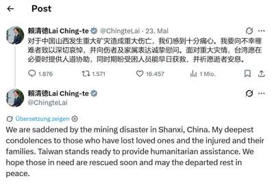 Präsident Lai Ching-te spricht Opfern der Gasexplosion in einem Kohlebergwerk in China sein Beileid aus (Bild X Präsident Lai Ching-te)
