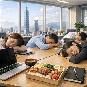 Die typische Mittagsszenerie in einem taiwanischen Büro: Bentobox und Mittagsschläfchen (AI-generiertes Bild)