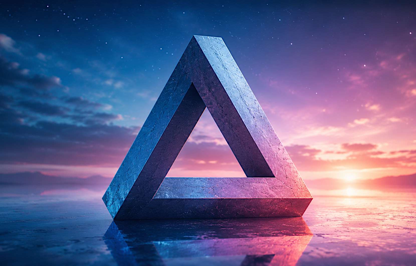 Ein Penrose-Dreieck vor einer surrealen Landschaft bei Sonnenuntergang. Die unmögliche Geometrie des Objekts steht symbolisch für die Frage, wie unser Gehirn Realität wahrnimmt und interpretiert. (KI-generiertes Symbolbild)