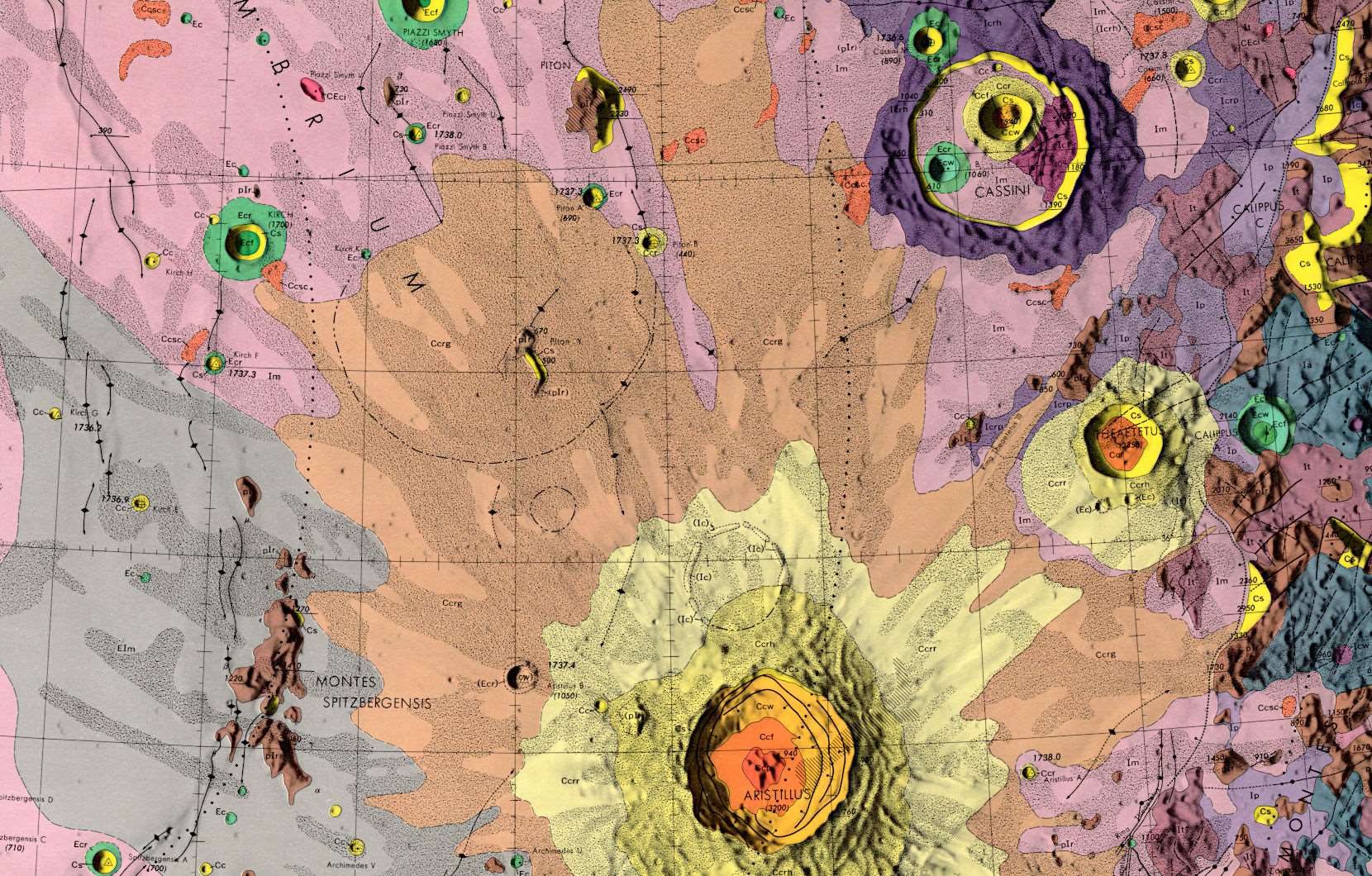 Ausschnitt aus der geologischen Karte des Mondes (Cassini Quadrangle). Quelle: US Geological Survey (USGS), nach Page (1970).
