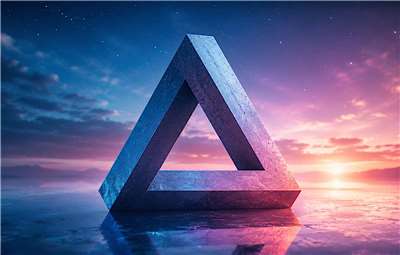 Ein Penrose-Dreieck vor einer surrealen Landschaft bei Sonnenuntergang. Die unmögliche Geometrie des Objekts steht symbolisch für die Frage, wie unser Gehirn Realität wahrnimmt und interpretiert. (KI-generiertes Symbolbild)