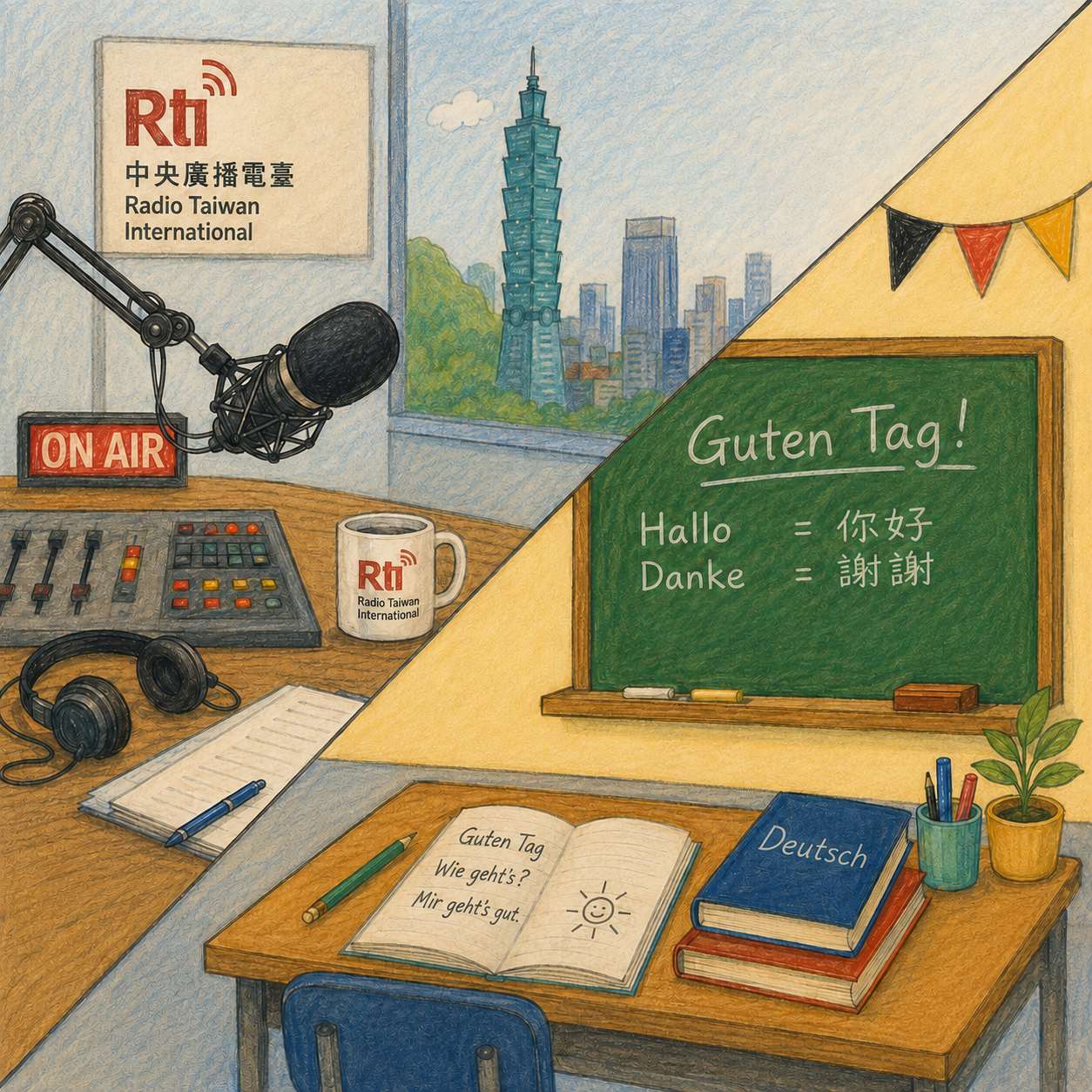 Deutschen vermittelt er Taiwan, Taiwanern vermittelt er Deutschland: Ilon Huang ist Journalist beim deutschsprachigen Programm von Radio Taiwan International und unterrichtet Deutsch an zwei Universitäten in Taipeh. (Bild: KI-generiert)