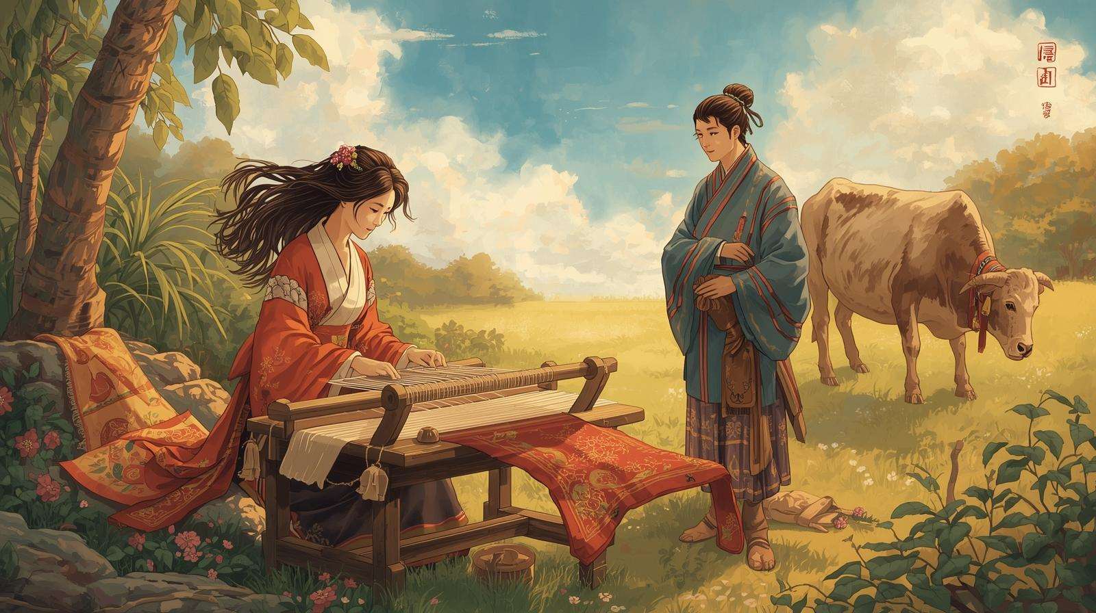 QIxi Festival: Zhinü, Niulang und der alte Ochse (Bild: Canva AI)