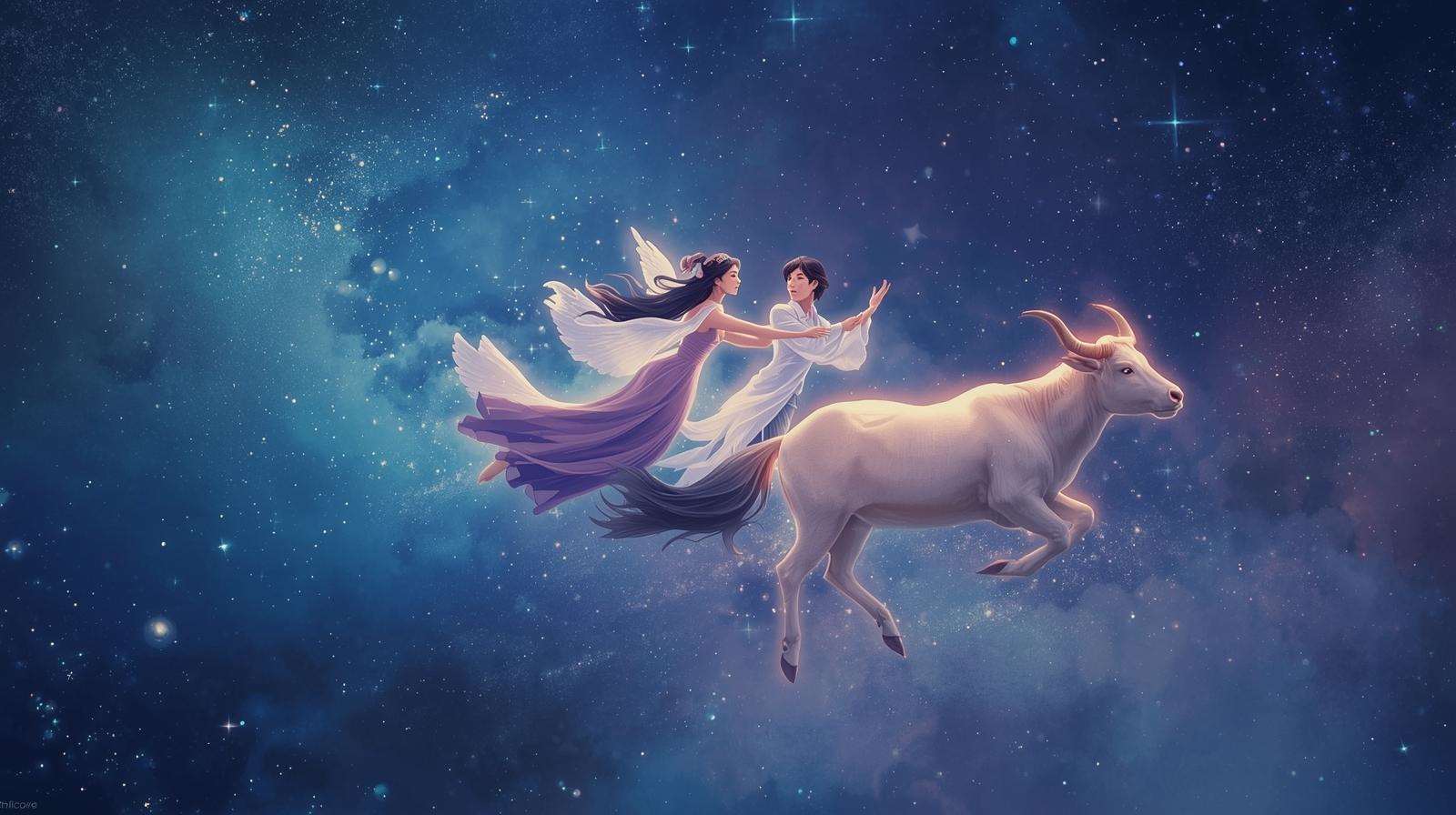 QIxi Festival: Zhinü, Niulang und der alte Ochse treffen sich im nächtlichen Sternenhimmel (Bild: Canva AI)