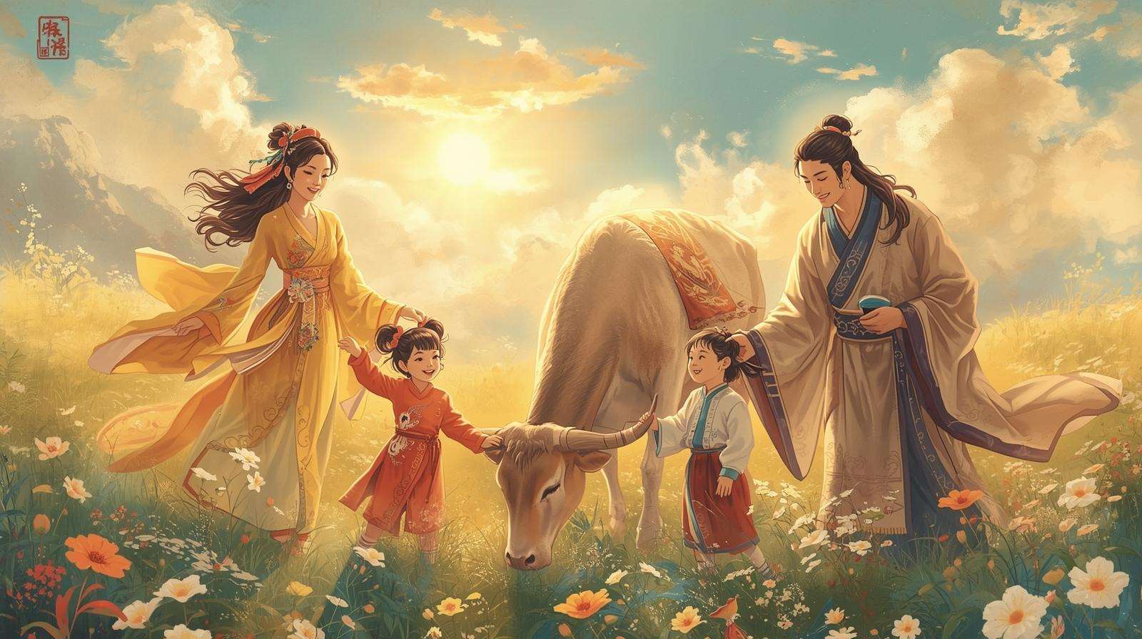 QIxi Festival: Zhinü, Niulang, der alte Ochse und die Zwillinge spielen fröhlich (Bild: Canva AI)