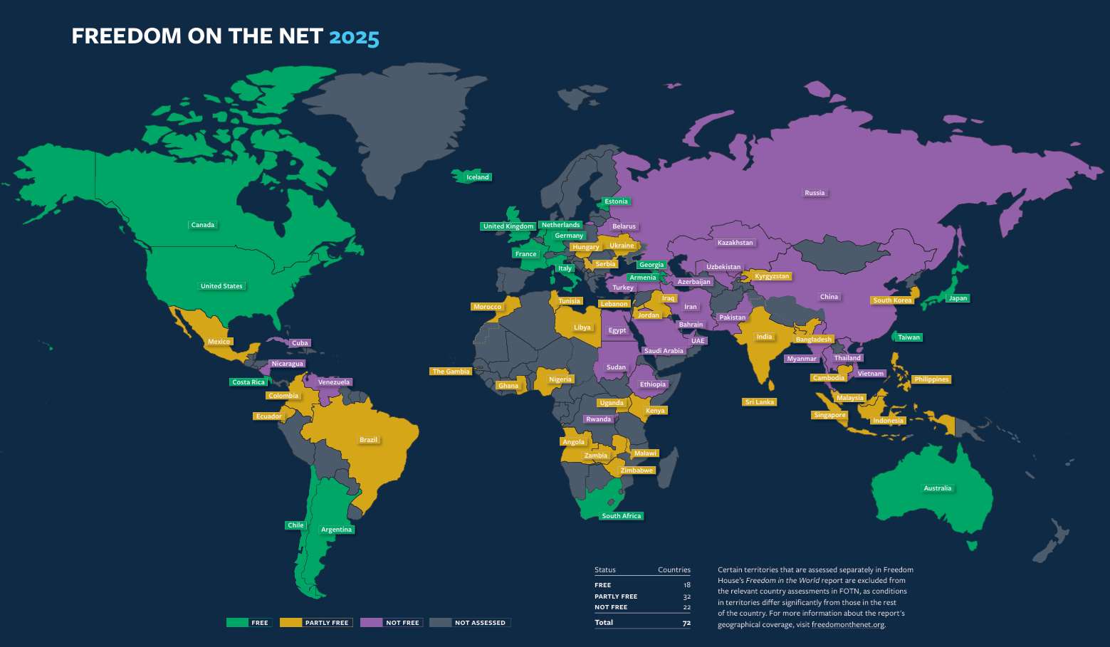 The democracy research organization Freedom House released its "Freedom on the Net" report. China and Myanmar both ranked last, while Iceland remains the world's freest internet provider. Taiwan ranked 7th globally with 79 points, the best in Asia. (Image: Freedom House)