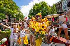 Taiwanese drag queen Nymphia Wind participated in the 2025 Pride Amsterdam Canal Parade on Saturday. (Photo: CNA)
