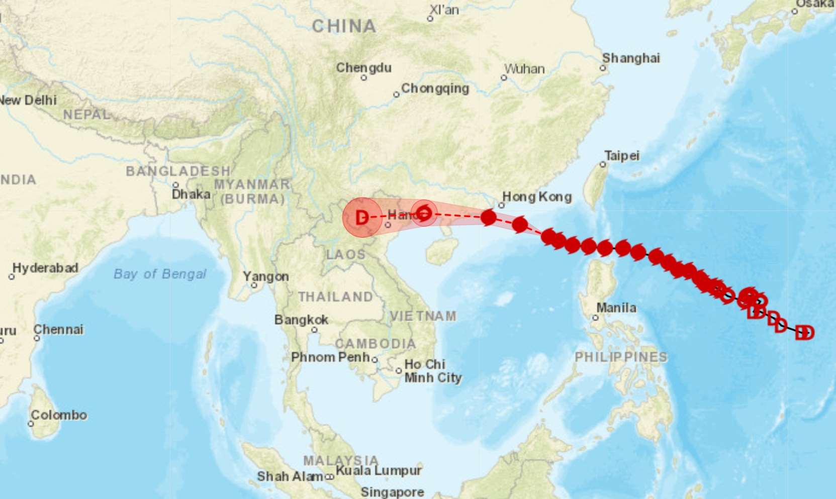 Typhoon Ragasa is moving westward at a speed of 20 kilometers per hours and is expected to hit Hong Kong later this week. (Image provided by Thai Meteorological Department)