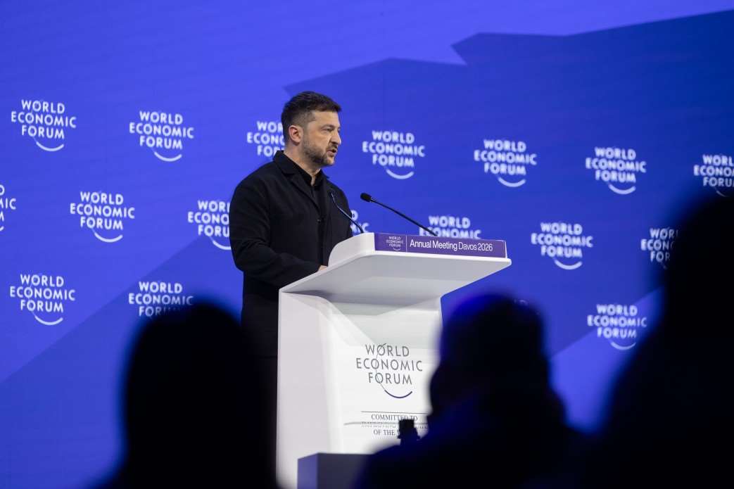 Ukrainian President Volodymyr Zelenskyy speaking at the World Economic Forum (WEF). (Photo via Ukrainian Presidential Palace)