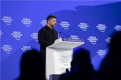 Ukrainian President Volodymyr Zelenskyy speaking at the World Economic Forum (WEF). (Photo via Ukrainian Presidential Palace)