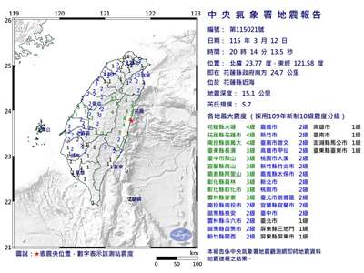 A magnitude 5.7 earthquake struck Hualien on the evening of the 12th. (Photo: CWA)