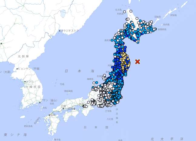A magnitude 7.4 earthquake struck off the northern coast of Iwate Prefecture, Japan, at 4:53 p.m. (3:53 p.m. Taipei time) on Monday April 20. (Image via the Japan Meteorological Agency website)