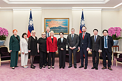 Vice President Hsiao Bi-khim met with the visiting Latvia-Taiwan Parliamentary Friendship Group on Tuesday at the Presidential Office. (Photo: Provided by Presidential Office)