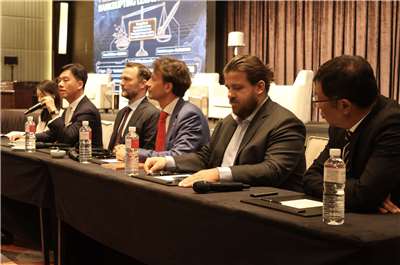 Experts speak at an event in Taipei hosted by the Alliance of Democracies Foundation and partner organizations on April 29, 2026. (Rti Photo/James Thompson)