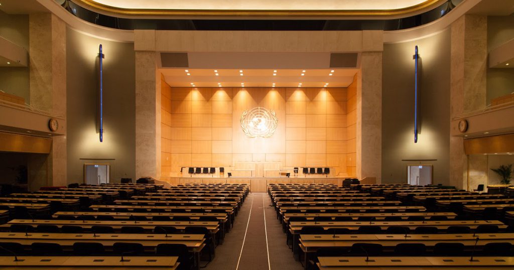 The World Health Assembly meets in the assembly hall of the Palace of Nations in Geneva. (Photo: Wikipedia)