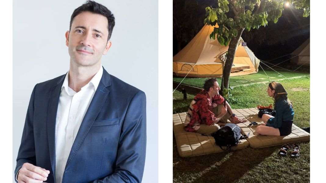 Alejandro, suited up in corporate mode (left) versus during our interview at the Organik campsite in his more playful attire (right). (Photos provided by Alejandro)