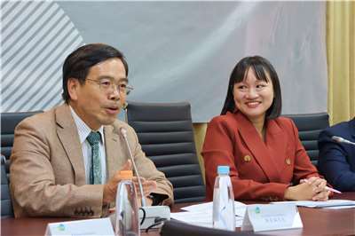 Foreign Ministry Department of International Cooperation and Economic Affairs Director General Yeh Chih-cheng, left, delivers remarks alongside Taiwan ICDF Deputy Secretary General Hsieh Peifen at the Development Focus Forum in Taipei on May 29, 2026. (Rti Photo/James Thompson)