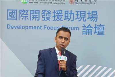 Environmental Science Assistant Professor Kailas Deoram Ahire delivers the keynote speech on Indian and Taiwanese carbon reduction measures at the Development Focus Forum in Taipei on May 29, 2026. (Rti Photo/James Thompson)