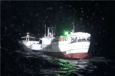 The Tian Fa Tsair No. 38 fishing boat is intercepted in waters off Taiwan’s southwest coast on December 3, 2025. (Photo: MJIB/Video screenshot)