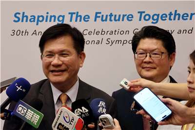 Taiwan ICDF Chairperson Lin Chia-lung (林佳龍) and Secretary General Huang Yu-lin (黃玉霖) are interviewed by media at the event in Taipei on July 1, 2026. (Rti Photo/James Thompson)