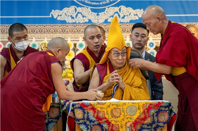 The Dalai Lama (center), the spiritual leader of Tibet, during his 90th birthday in 2025. (Photo: AP/AFP)