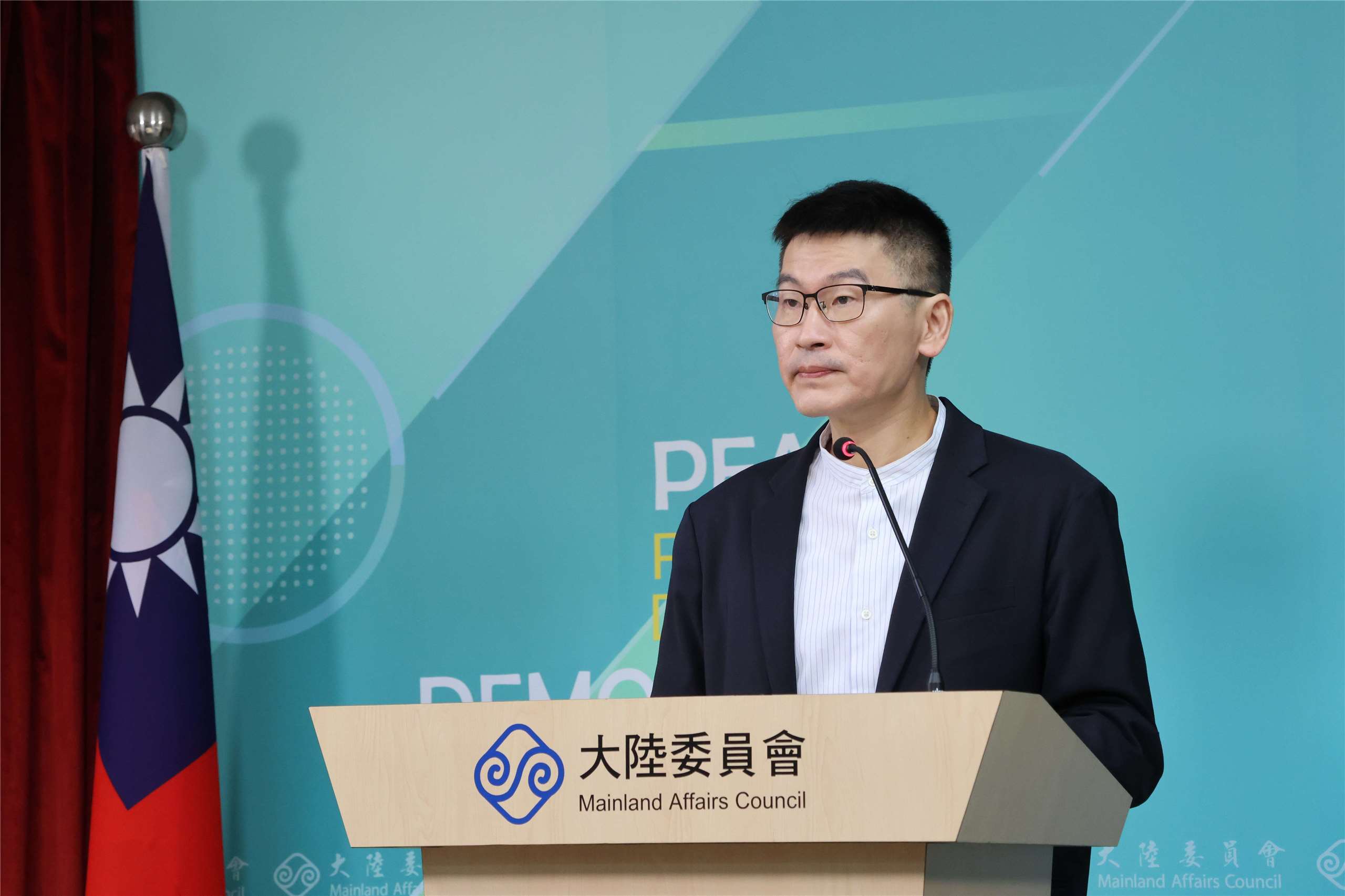 Mainland Affairs Council Deputy Minister Liang Wen-chieh speaks at a routine press briefing in Taipei on August 13, 2026. (Rti Photo/James Thompson)