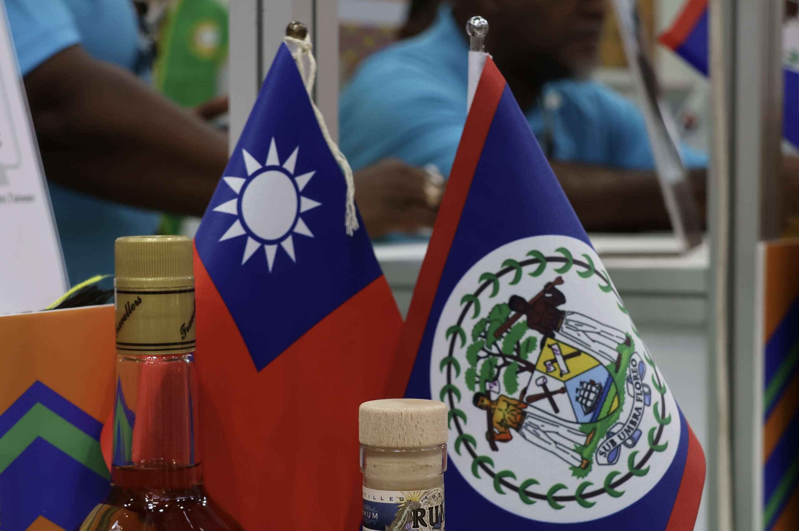 Taiwan and Belize flags are displayed at the Food Taipei Mega Shows 2026 Belize exhibition area in Taipei on June 24, 2026. (Rti Photo/James Thompson)