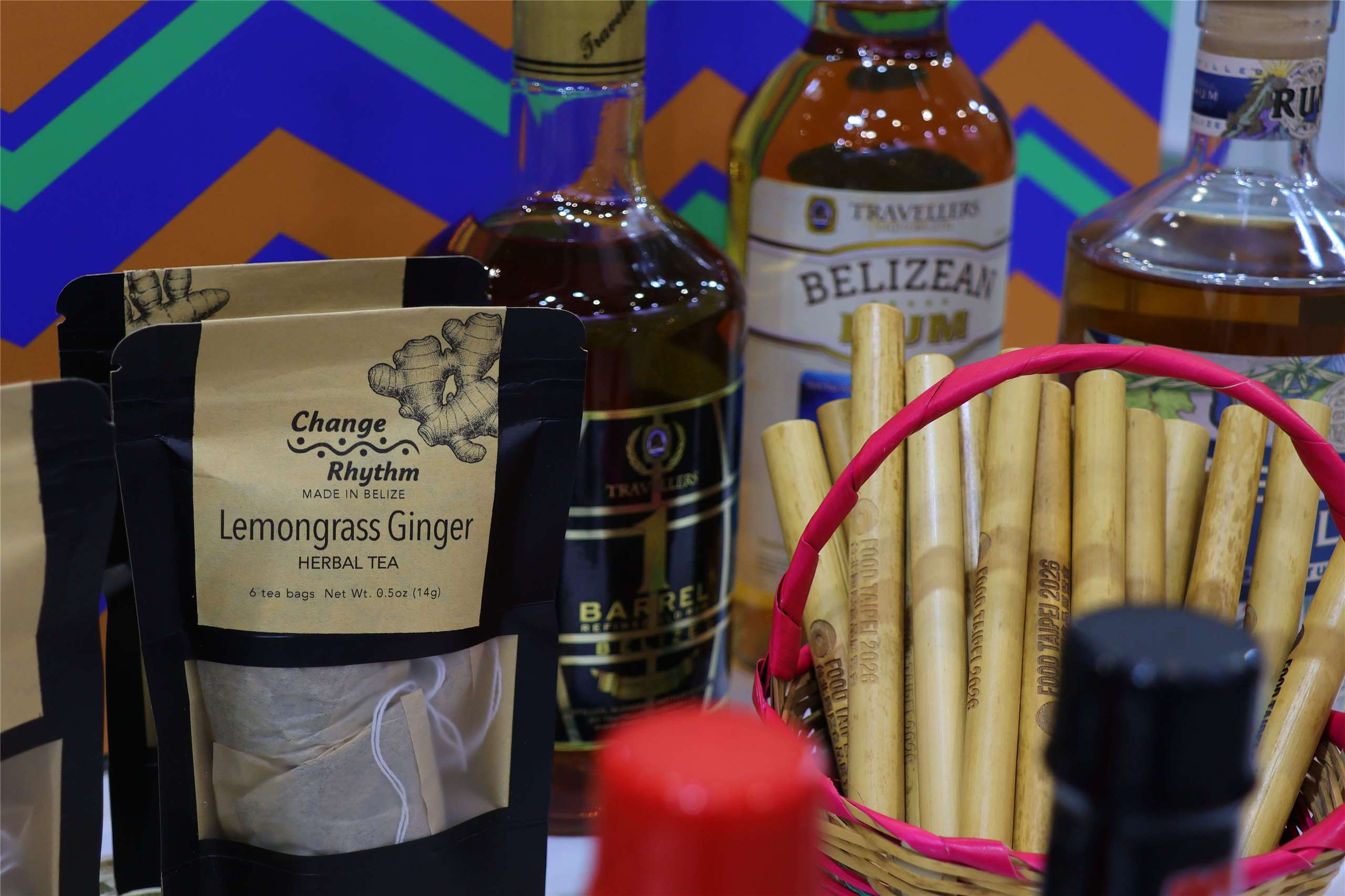 Belizean rum and herbal tea are displayed alongside other products at the Food Taipei Mega Shows 2026 Belize exhibition area in Taipei on June 24, 2026. (Rti Photo/James Thompson)
