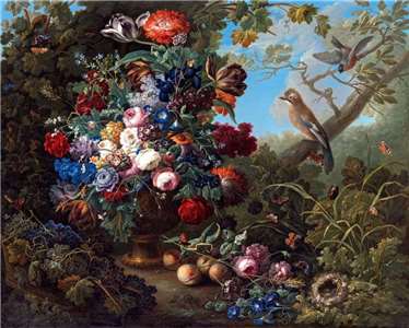 Johann Baptist Drechsler “Gran bodegón floral con aves”. (Foto: Museo Nacional de Historia)
