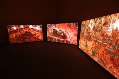 Proyección del video «El estómago de Zhang Xu Zhan», una pieza de arte de instalación parte  de «Cuarto 001», exposición del año 2014 del artista Zhang Xu Zhan (張徐展), y que ahora ha sido adquirida por el Centro Pompidou, en Francia.