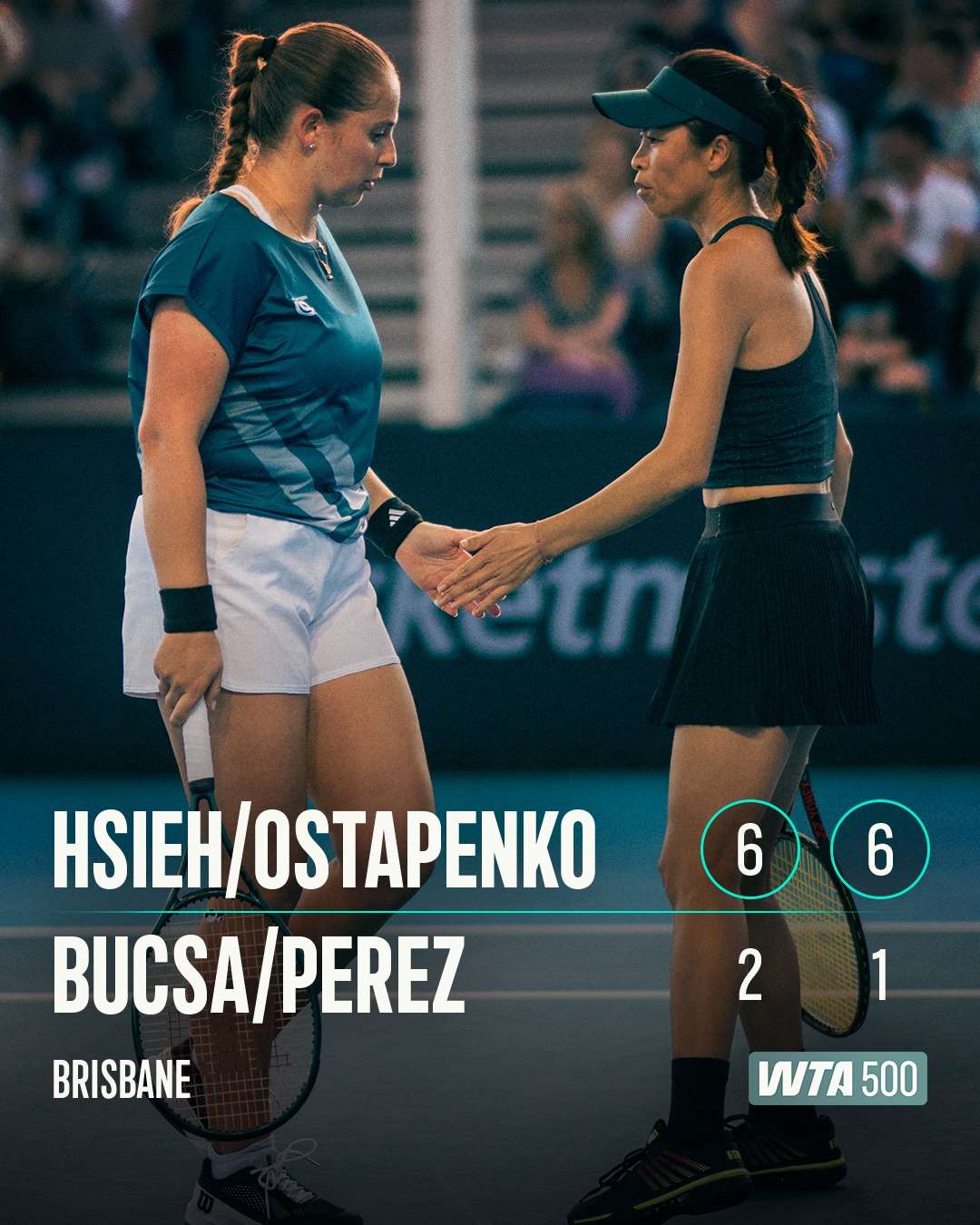 La tenista taiwanesa Hsieh Su-wei (謝淑薇, dcha.) y su compañera la letona Jelena Ostapenko son las campeonas del Torneo Internacional de Brisbane 2026 en la modalidad dobles femenino. (Facebook de la WTA)