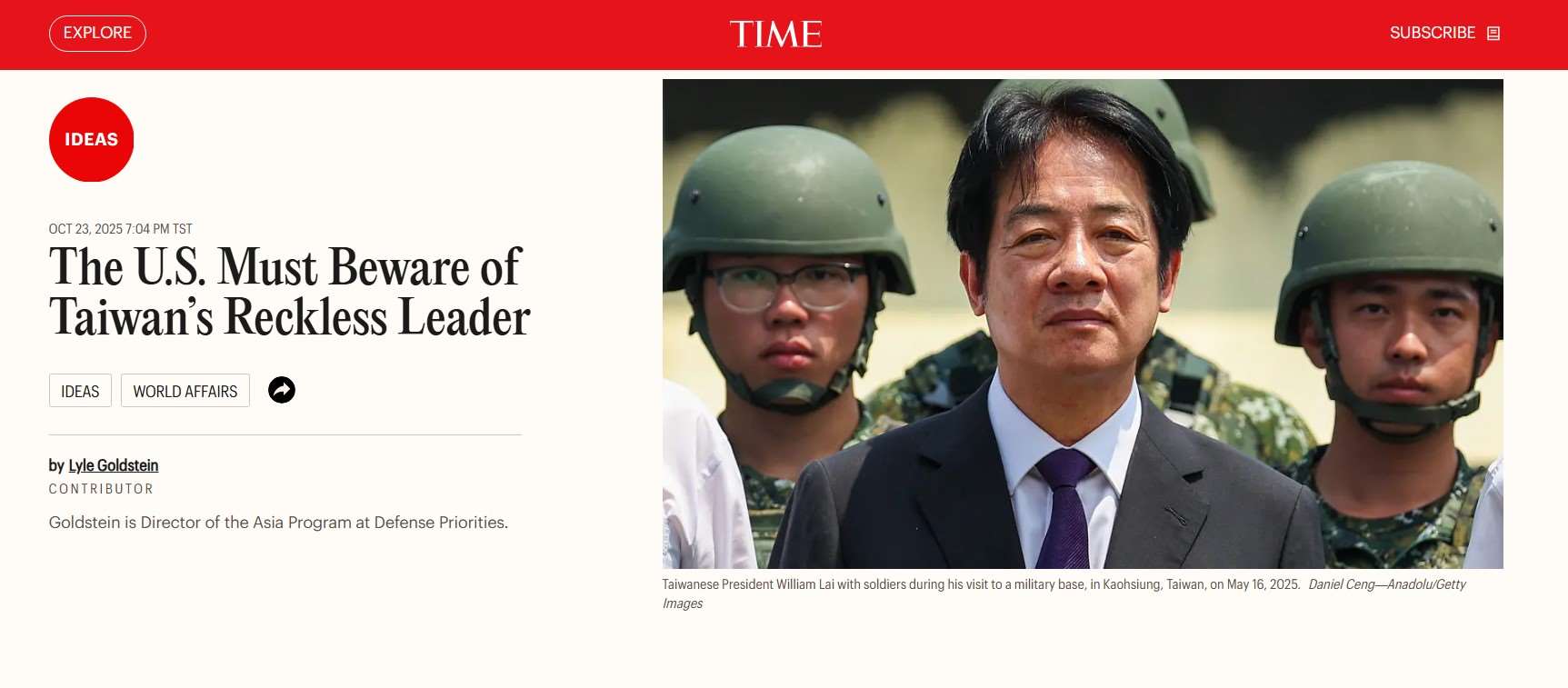 La diplomatie taïwanaise a réagi à un article publié le 23 octobre dans le magazine Time qui qualifie le président Lai Ching-te (賴清德) de dirigeant imprudent/téméraire (Reckless Leader). (Image : Capture écran du site Time)