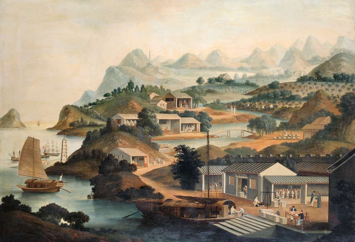 Peinture de 1825 représentant la production du thé dans le sud de la Chine (Musée national du Danemark, Wikipedia)