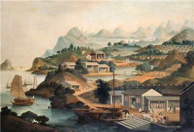 Peinture de 1825 représentant la production du thé dans le sud de la Chine (Musée national du Danemark, Wikipedia)
