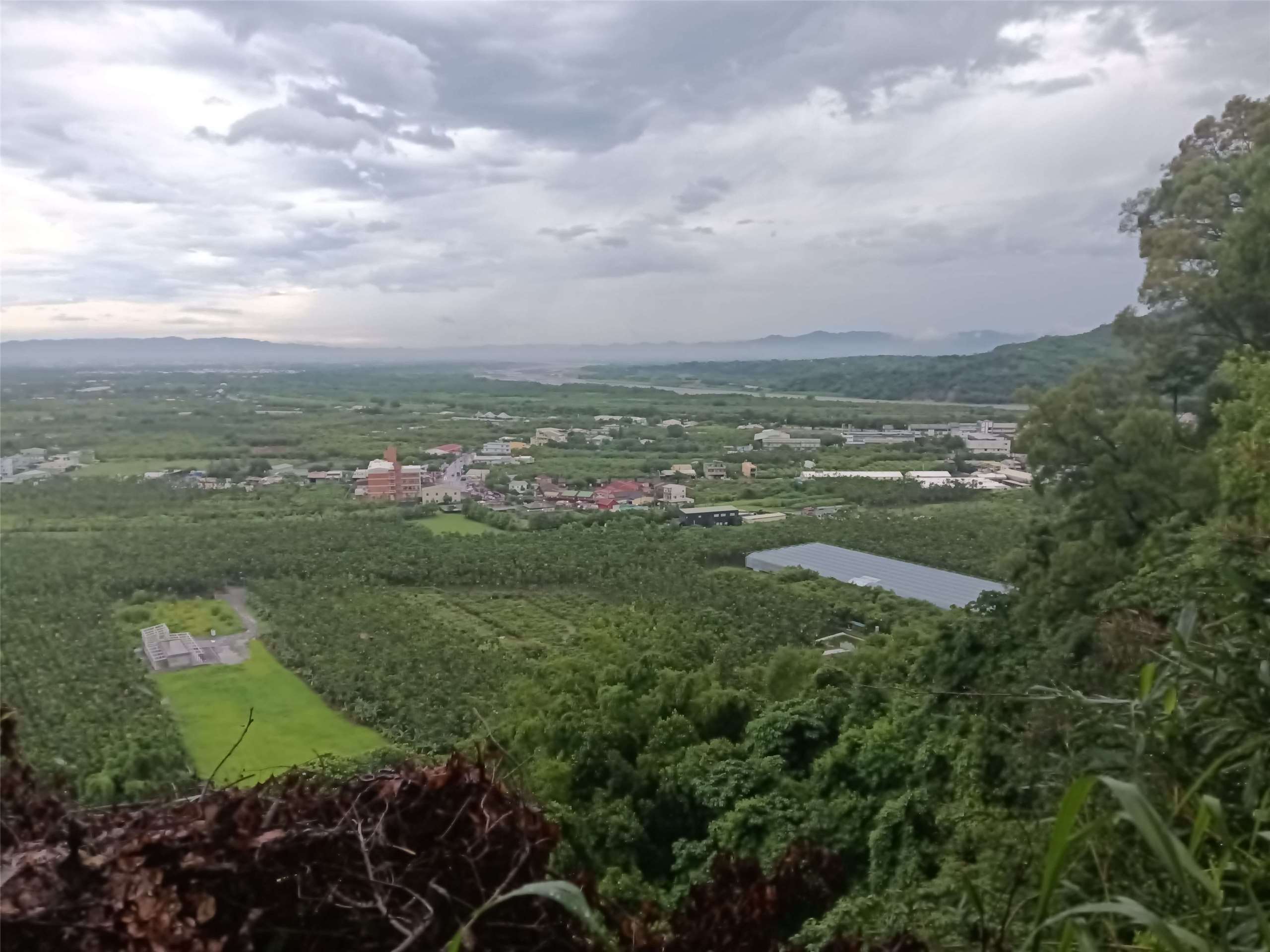 Sur cette photo, on voit au premier plan le nord de la plaine alluviale limoneuse de Neipu (compté de Pingtung), une zne où il y a majoritairement des aréquiers. À droite, on peut observer la rivière Ailiao (photo fournie par Pierre Lucas et Victor Besnier) 