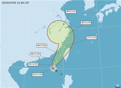 La trajectoire prévue de la tempête tropicale Danas, actualisée le samedi 5 juillet matin (Administration centrale de météorologie)