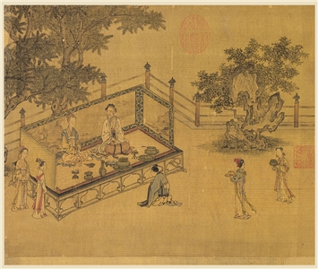 Scène de la Dynastie Song, illustration du Classique de la piété filiale (détail), un fils s’agenouillant devant ses parents (image : Wikipédia)
