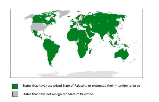 Carte du monde publiée par l'Etat palestinien présentant les pays reconnaissant ou ayant l'intention de reconnaître la Palestine (image : @Palestine_UN)