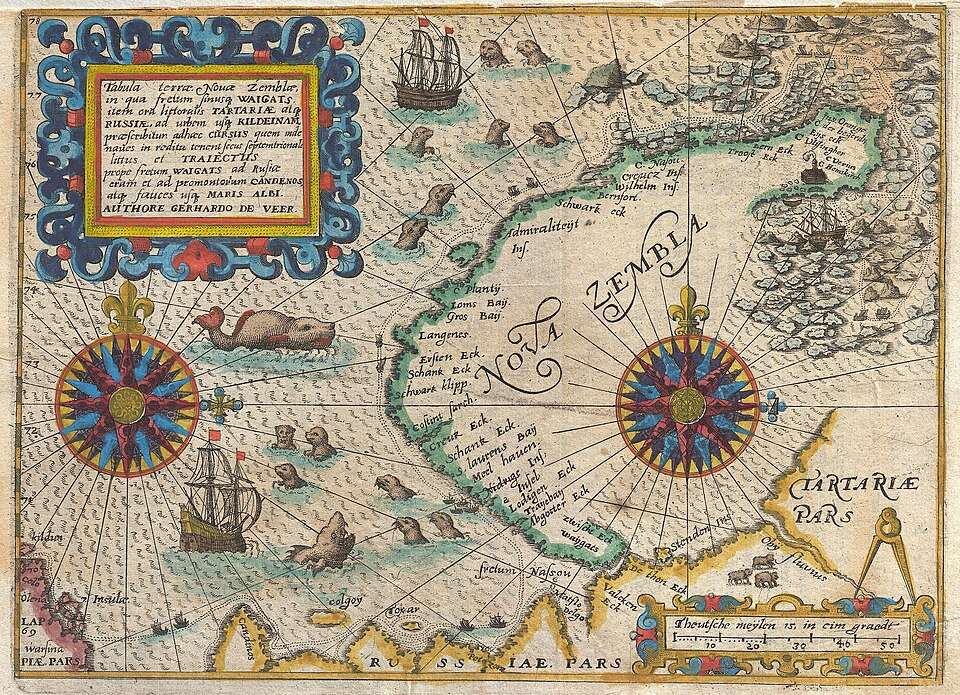 Carte de De Bry et de Veer de la Nouvelle-Zemble et du passage du Nord-Est (Image : http://www.geographicus.com/mm5/cartographers/deveer.txt, Public domain, via Wikimedia Commons)