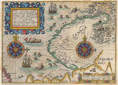 Carte de De Bry et de Veer de la Nouvelle-Zemble et du passage du Nord-Est (Image : http://www.geographicus.com/mm5/cartographers/deveer.txt, Public domain, via Wikimedia Commons)