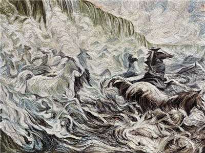 Une horde de chevaux au galop, peinture sur fil de CHEN Sie-Hsueh, trésor national (aimable crédit de la famille de l'artiste)