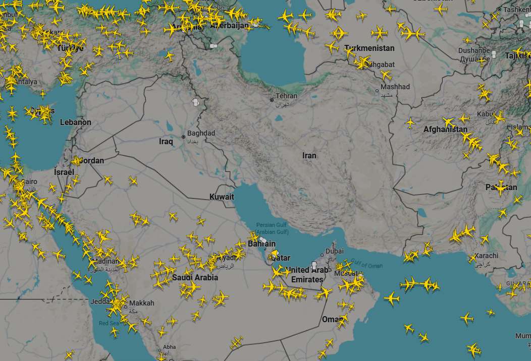 Beaucoup de vols ont été annulés au Moyen-Orient en raison de la guerre (image : flightradar24.com)